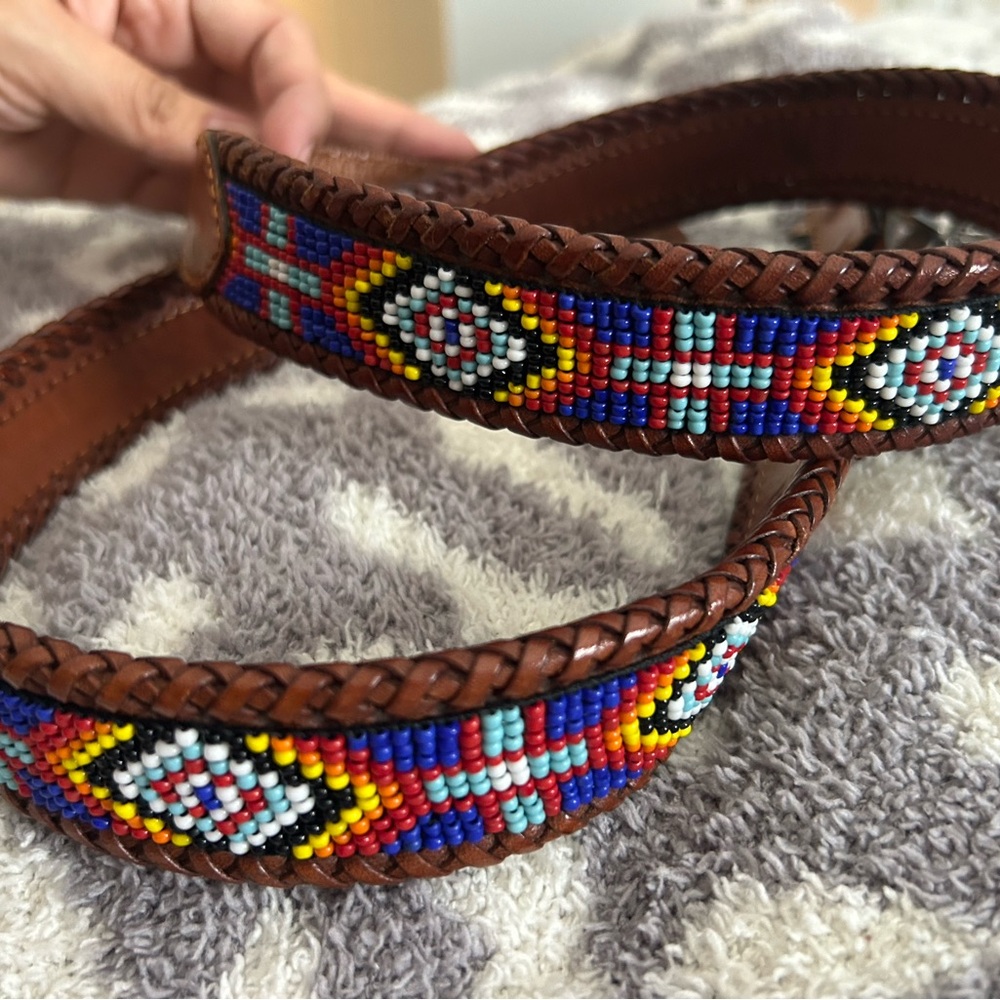 Handmade Brown Leather Beaded Belt with Multicolor Pattern